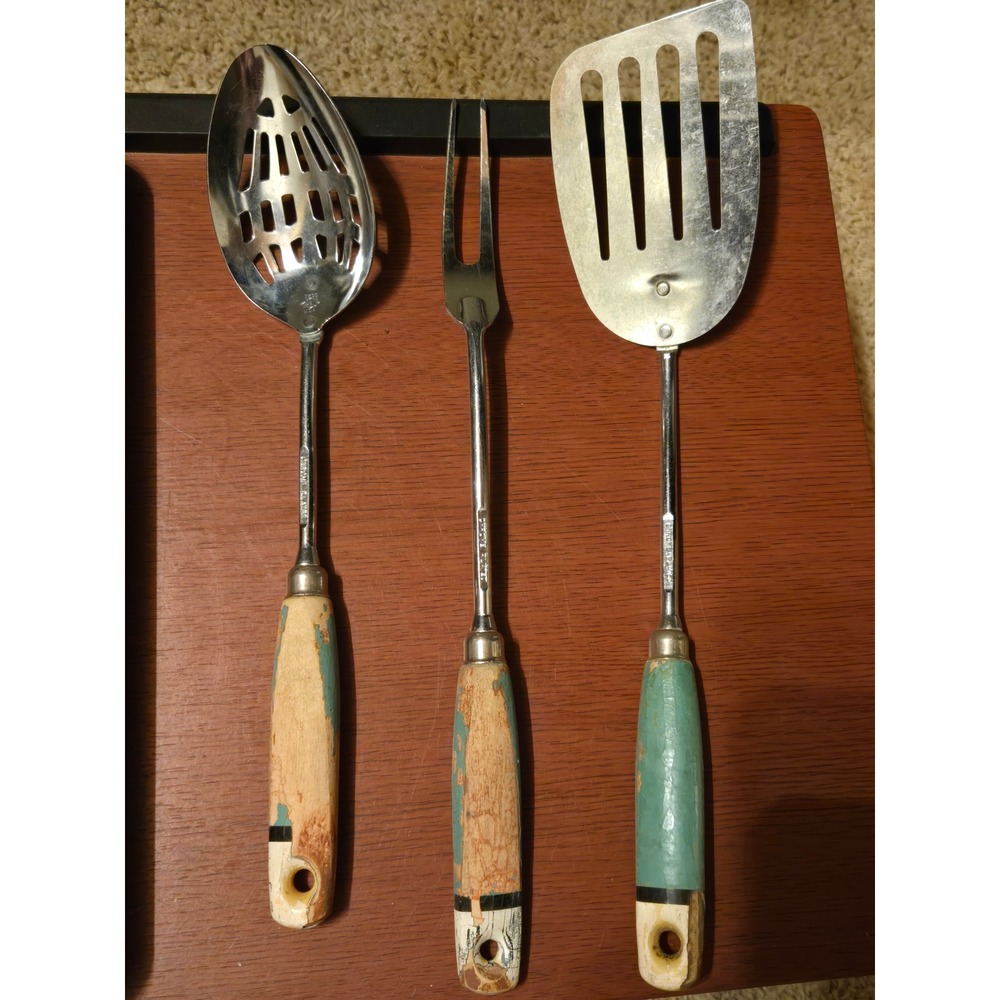 Vintage Chrome Kitchen Utensil Set 3pc Slotted Spoon Spatula Fork Wood Handle